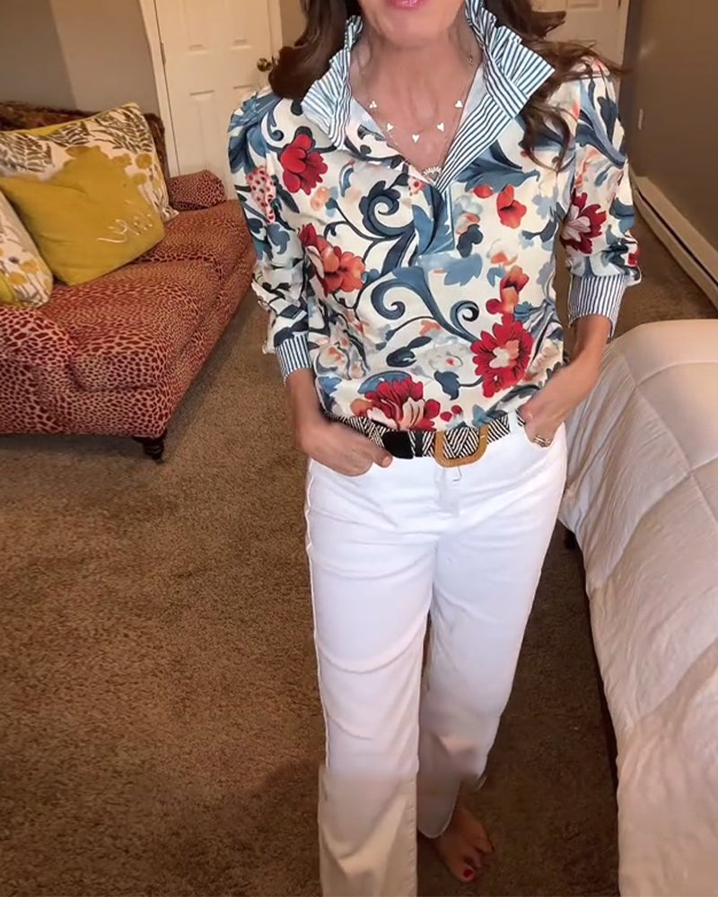Bluse mit Puffärmeln und Blumenstreifen
