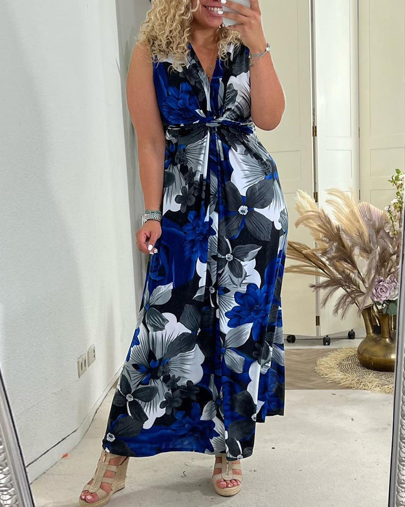 Vestido elegante plisado sin mangas con estampado floral