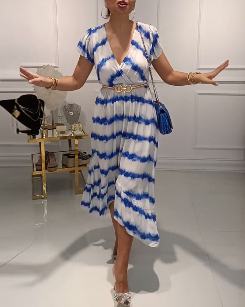 Ruffle sleeves V-neck contrast print dress casual dresses summer