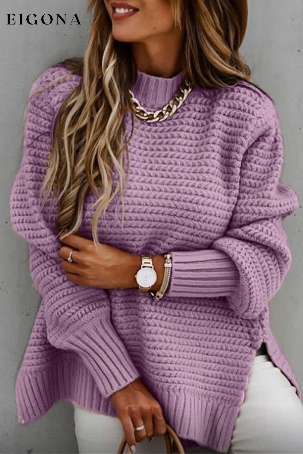 Round Neck Slit Sweater clothes long sleeve top Ship From Overseas Shipping Delay 10/01/2023 - 10/02/2023 Sweater sweaters Y*X