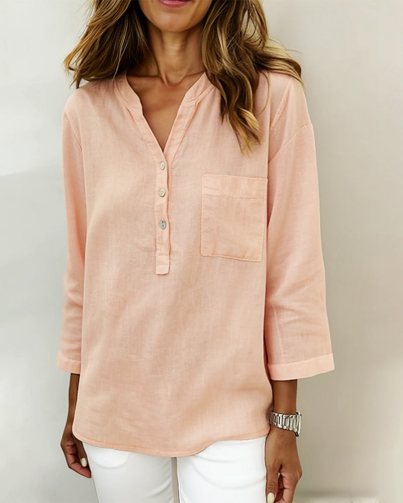 Solid Color Long-Sleeved V-Neck Blouse