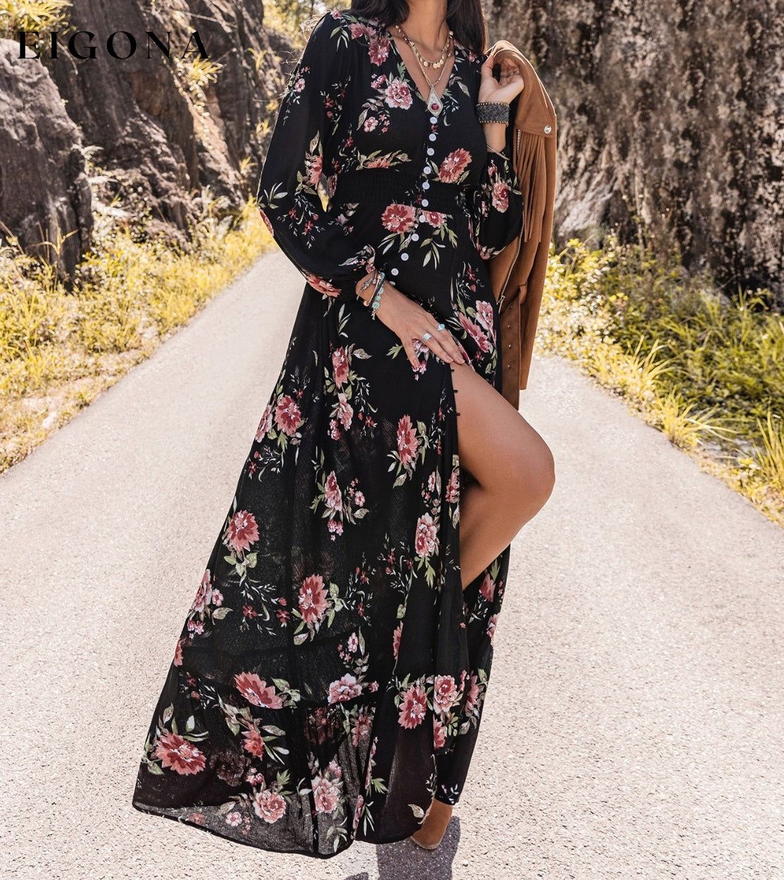 Floral V-Neck Split Long Sleeve Casual Maxi Dress casual dress casual dresses clothes dress dresses H.R.Z long sleeve dress long sleeve dresses maxi dress maxi dresses Ship From Overseas Shipping Delay 09/29/2023 - 10/04/2023 trendsi