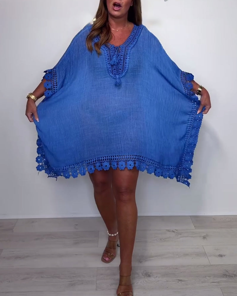 Einfarbiges Oberteil mit V-Ausschnitt und Fledermausärmeln