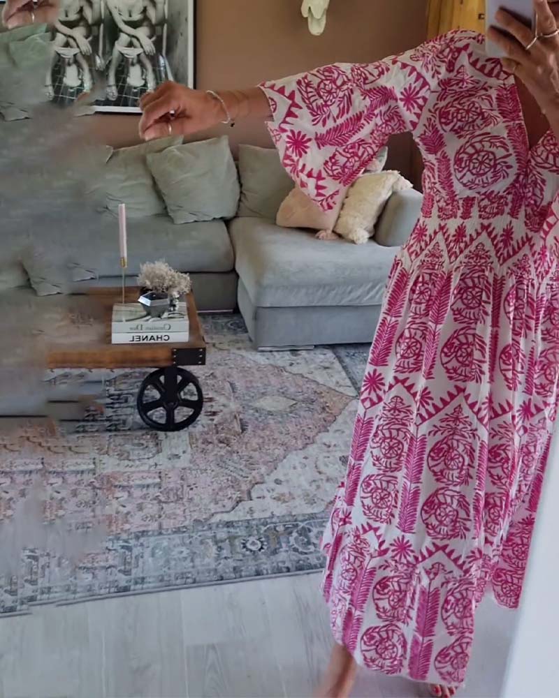 Elegant printed V-neck pleated bell-sleeve dress 202466 casual dresses spring summer