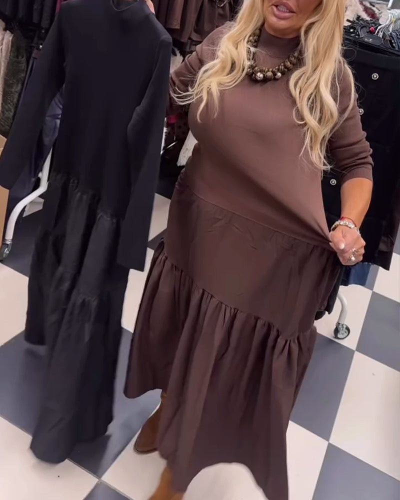 Paneled High-Neck Long-Sleeved Dress