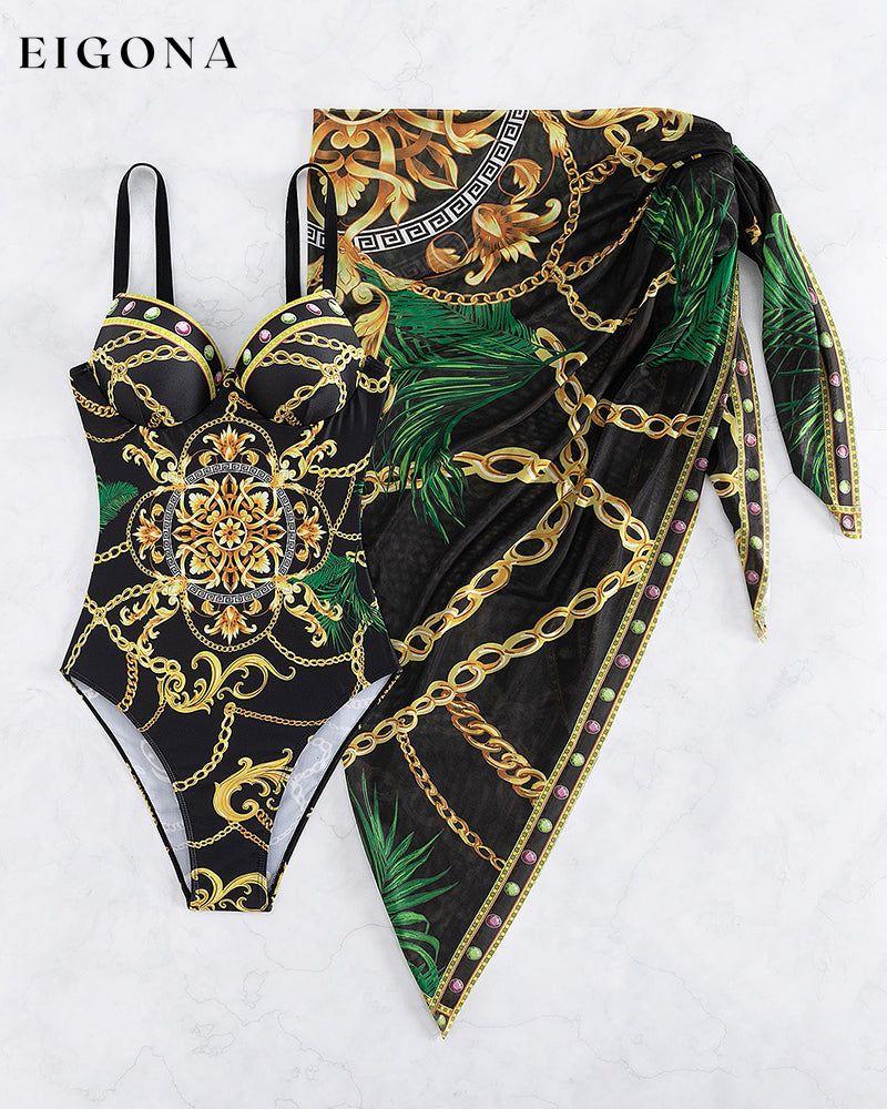 Chain Print Push Up One Piece Swimsuit With Beach Skirt 23BF Clothes Cover-Ups One-Piece SALE Summer Swimwear