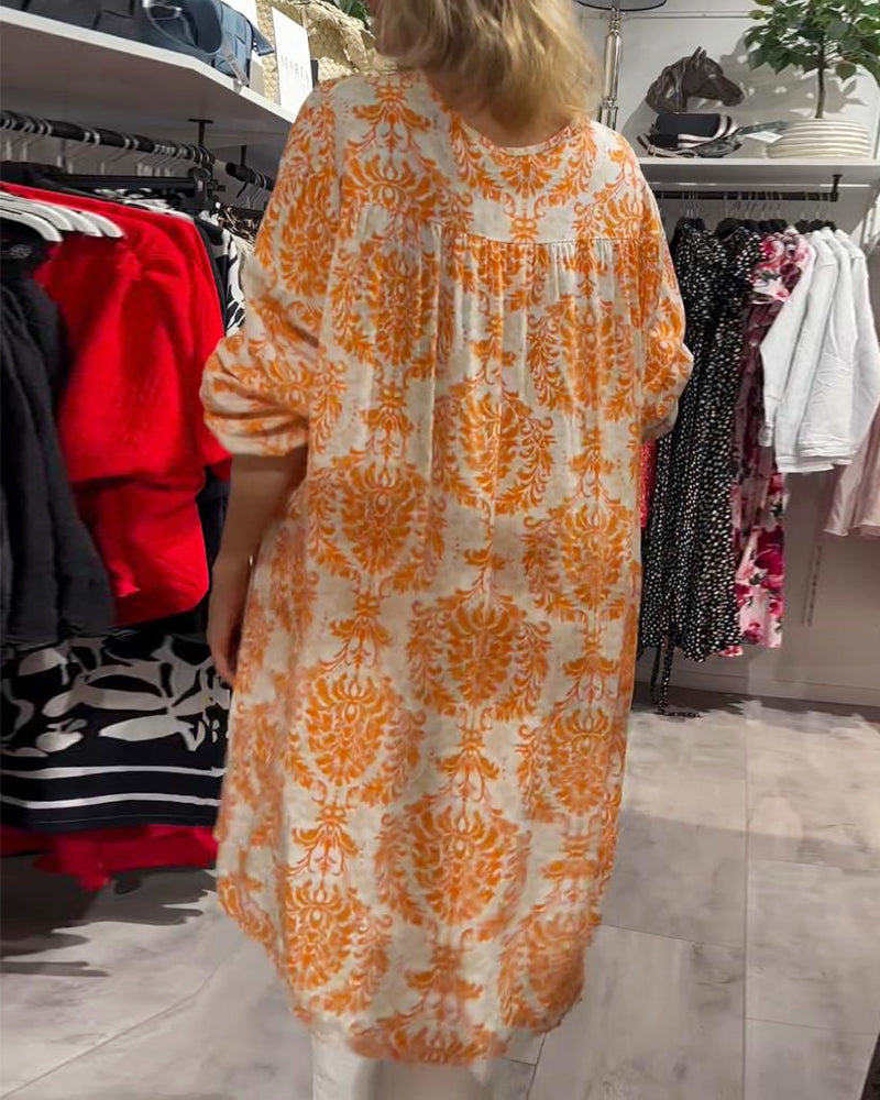 Vintage printed V-neck long-sleeve button blouse 202466 blouses & shirts spring summer