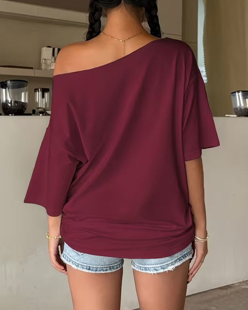 One-Shoulder Batwing Sleeve Solid Color Blouse