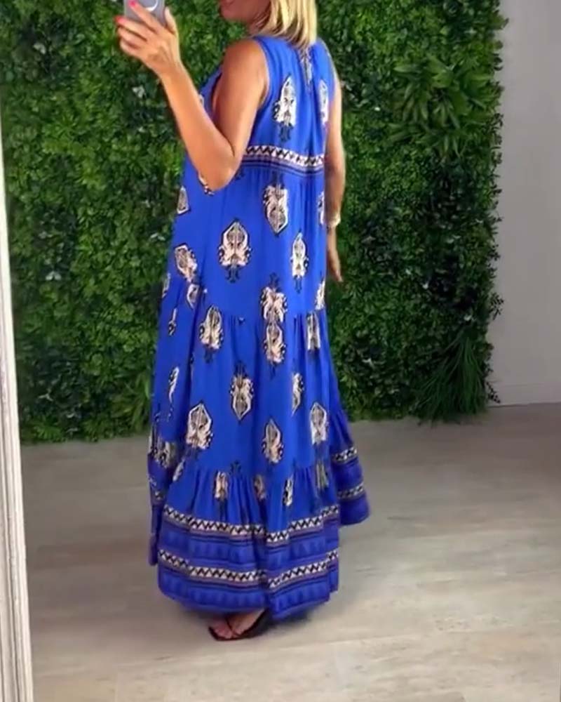 Vintage print V-neck sleeveless dress 202466 casual dresses summer