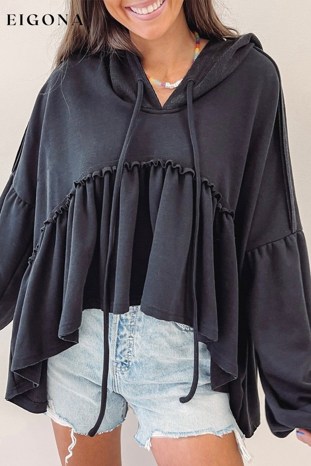 Black Oversized Ruffled High Low Hem Drop Shoulder Hoodie All In Stock clothes long sleeve top Occasion Daily Print Solid Color Season Spring Style Casual sweater sweaters top tops