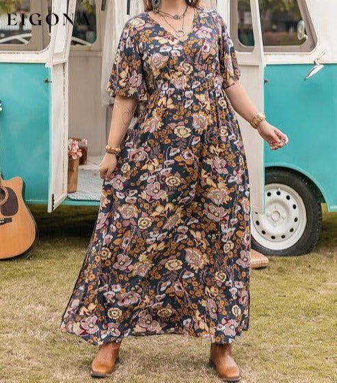 Floral V-Neck Short Sleeve Slit Dress Clothes H.R.Z Ship From Overseas