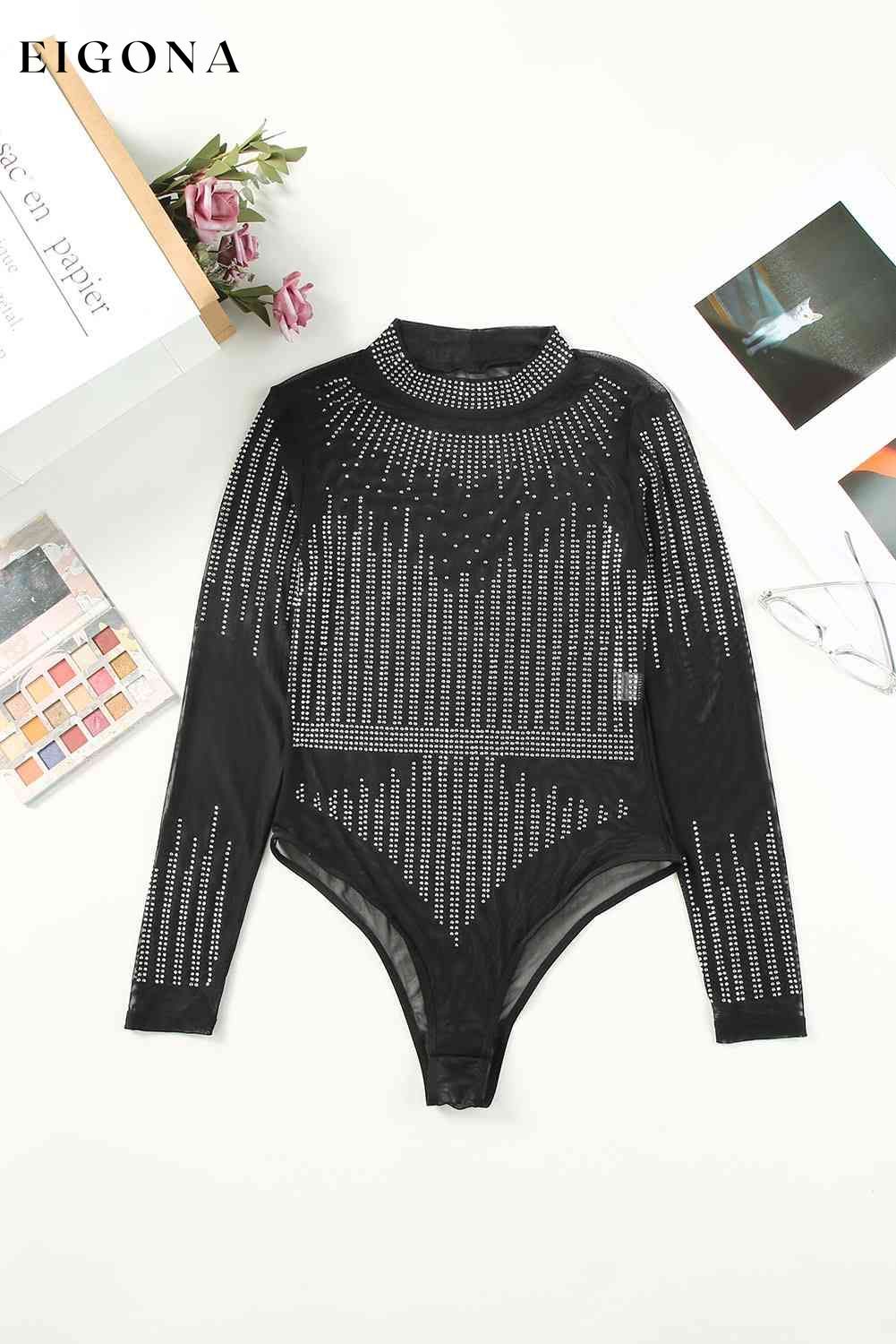 Rhinestone Round Neck Long Sleeve Top, Bodysuit bodysuit bodysuits clothes long sleeve shirts long sleeve top long sleeve tops Ship From Overseas shirt shirts SYNZ top tops