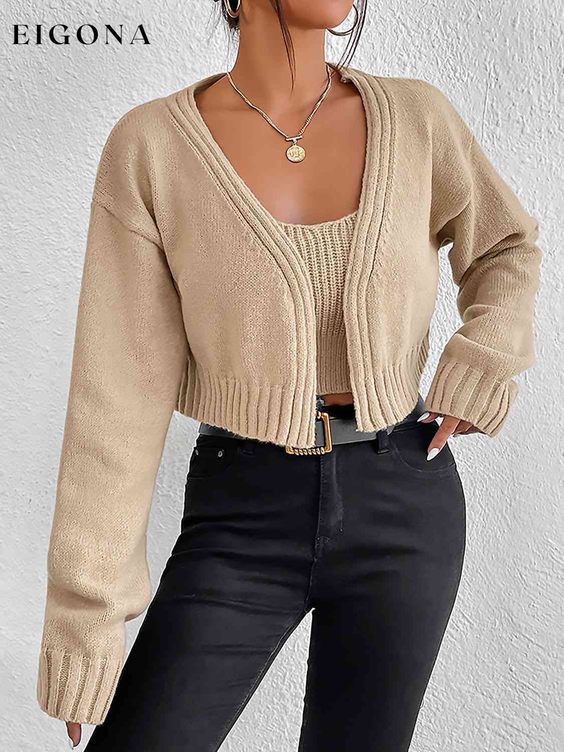 Plain Sweater Cami and Cardigan Set cardigan cardigans clothes sets Ship From Overseas sweater sweaters Y.M