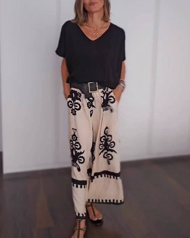 Vintage print pocket wide leg pants 202466 pants spring summer