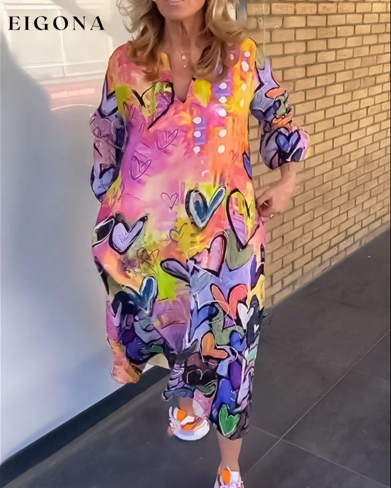 V neck heart print long sleeve dress Pink 23BF Casual Dresses Clothes Dresses SALE Summer