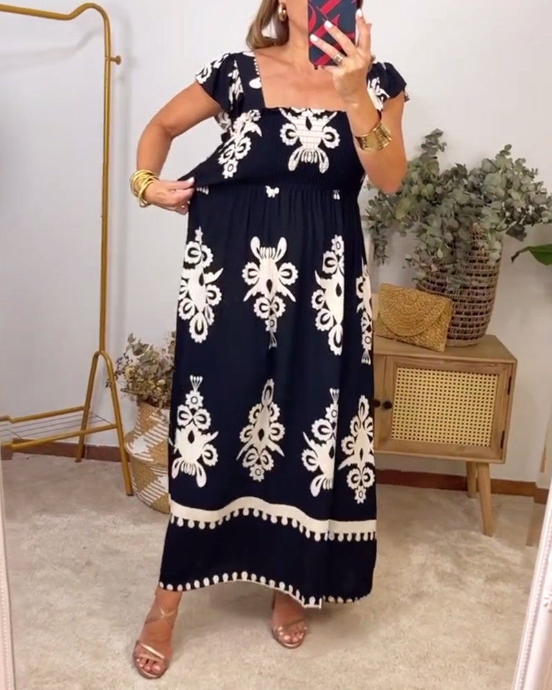 Square neck printed pleated elegant dress casual dresses summer