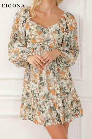 Printed Balloon Sleeve Ruffle Hem Mini Dress, Long Sleeve Dress casual dresses clothes dress dresses long sleeve dress long sleeve dresses Ship From Overseas short dresses SYNZ