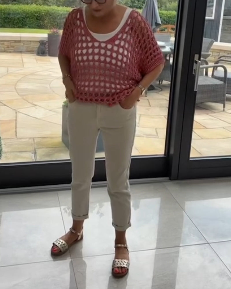 Casual solid color hollow knit pullover 202466 pullovers spring summer