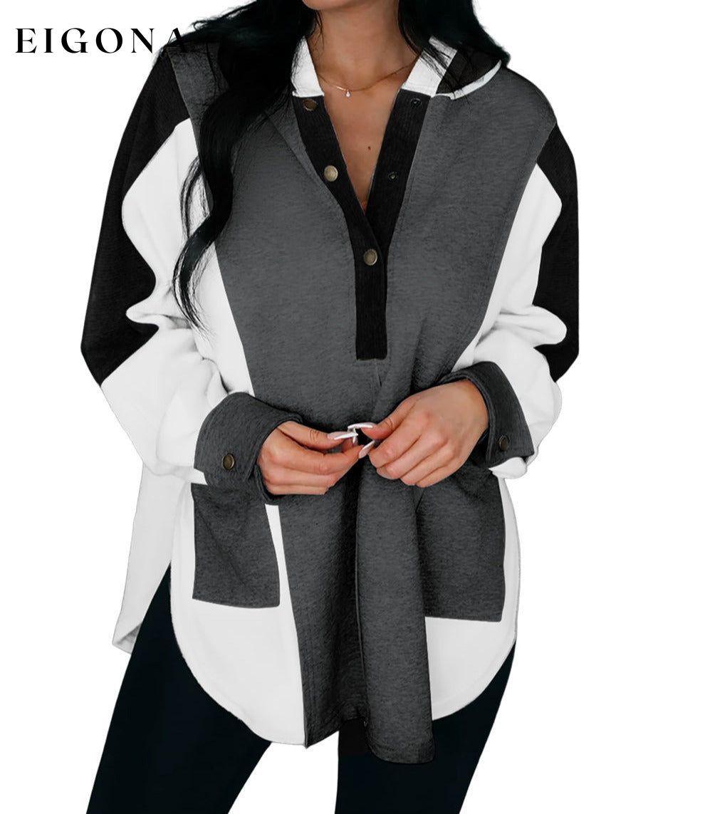 Black Color Block Exposed Seam Buttoned Neckline Hoodie Best Sellers clothes long sleeve shirt long sleeve shirts long sleeve top long sleeve tops shirt shirts top tops