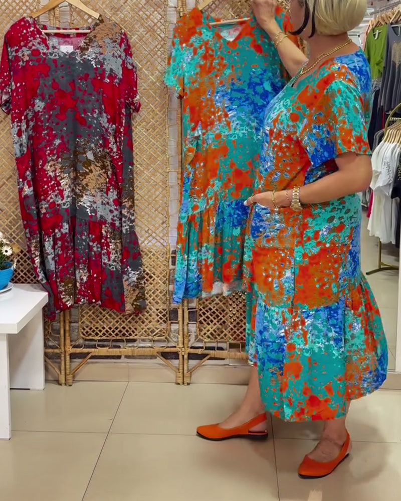 Kleid mit V-Ausschnitt und mehrfarbigem Farbverlaufsdruck