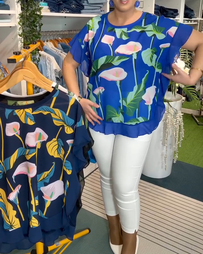 Batwing-Sleeve Printed Blouse