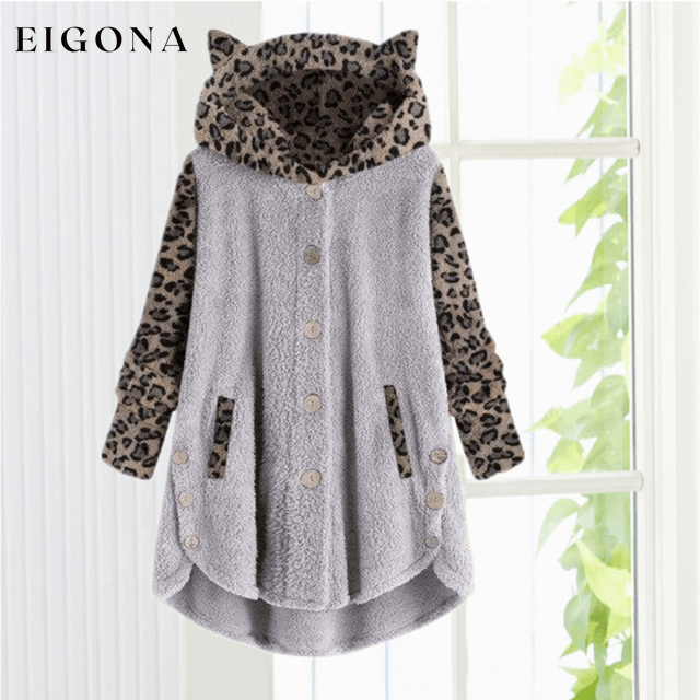 Leopard Patchwork Cat Ears Coat Gray Best Sellings cardigan cardigans clothes Plus Size Sale tops