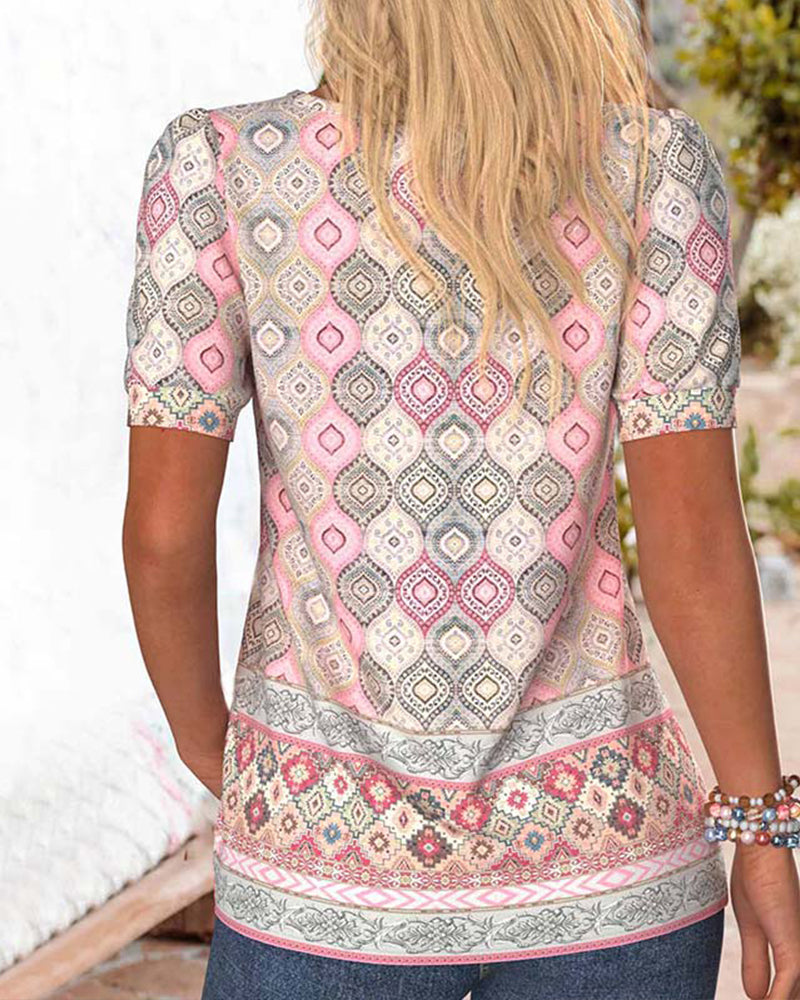 Pleated Printed Lantern Sleeve Blouse