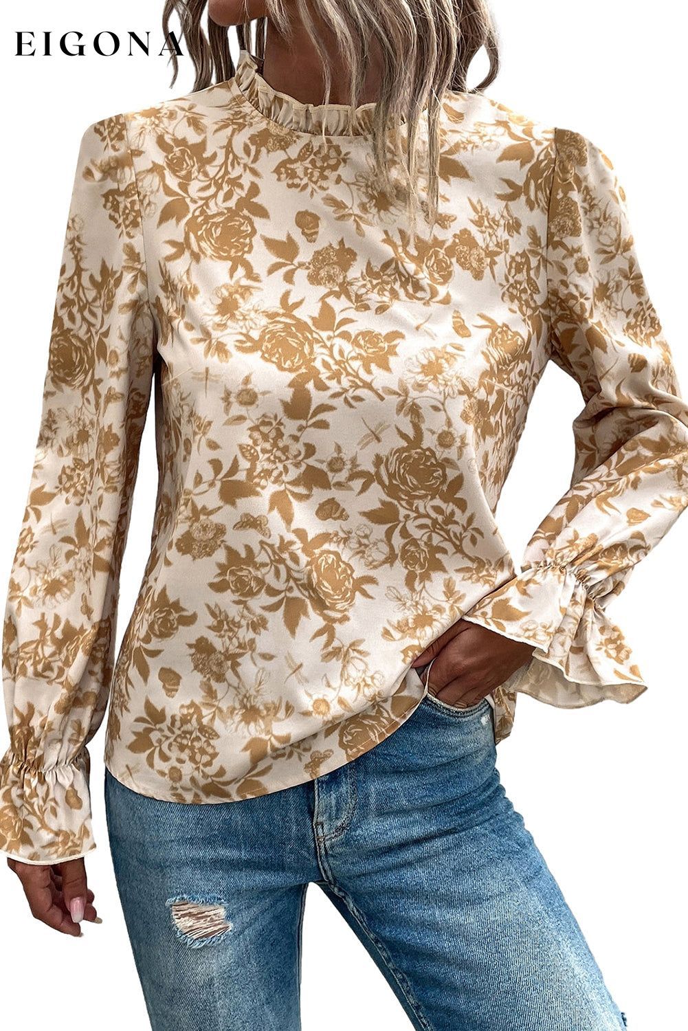 White Floral Print Frilled Neckline Flounce Sleeve Blouse clothes long sleeve shirt long sleeve shirts long sleeve top long sleeve tops shirt shirts top tops Tops/Blouses