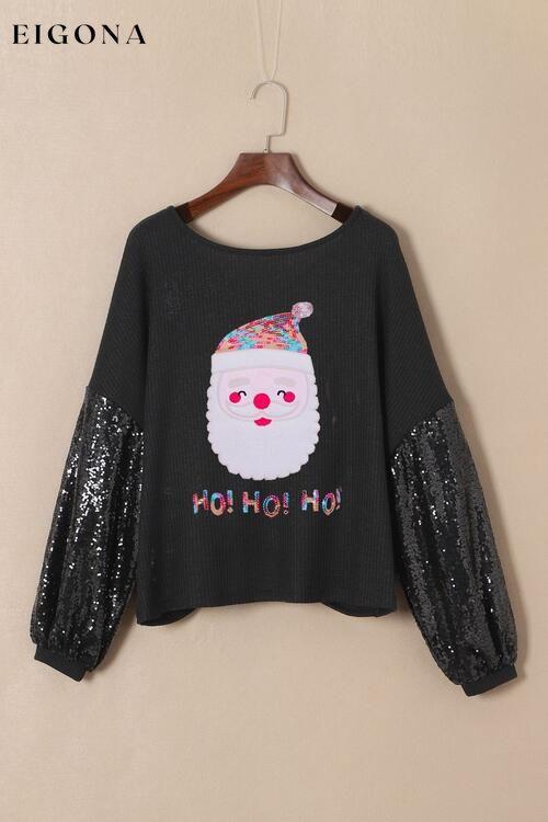 Waffle-Knit Santa Graphic Sequin Long Sleeve Blouse clothes Ship From Overseas SYNZ