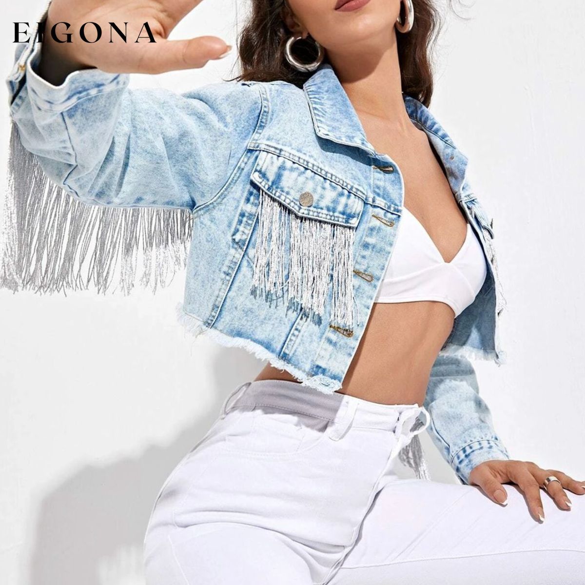 Fringe Detail Long Sleeve Cropped Denim Jacket ASZ@Denim clothes Denim Jacket denim jackets jean jackets Ship From Overseas Shipping Delay 09/29/2023 - 10/03/2023