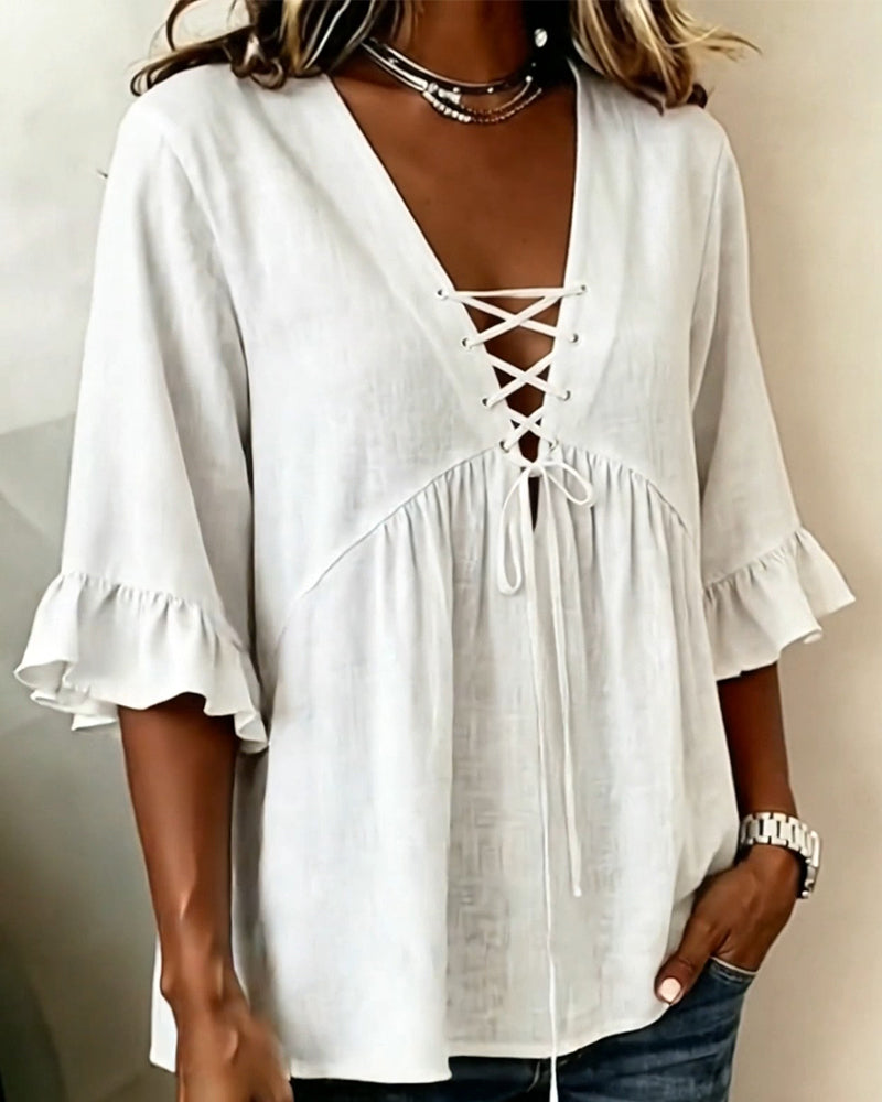 Solid V-Neck Ruffle Blouse
