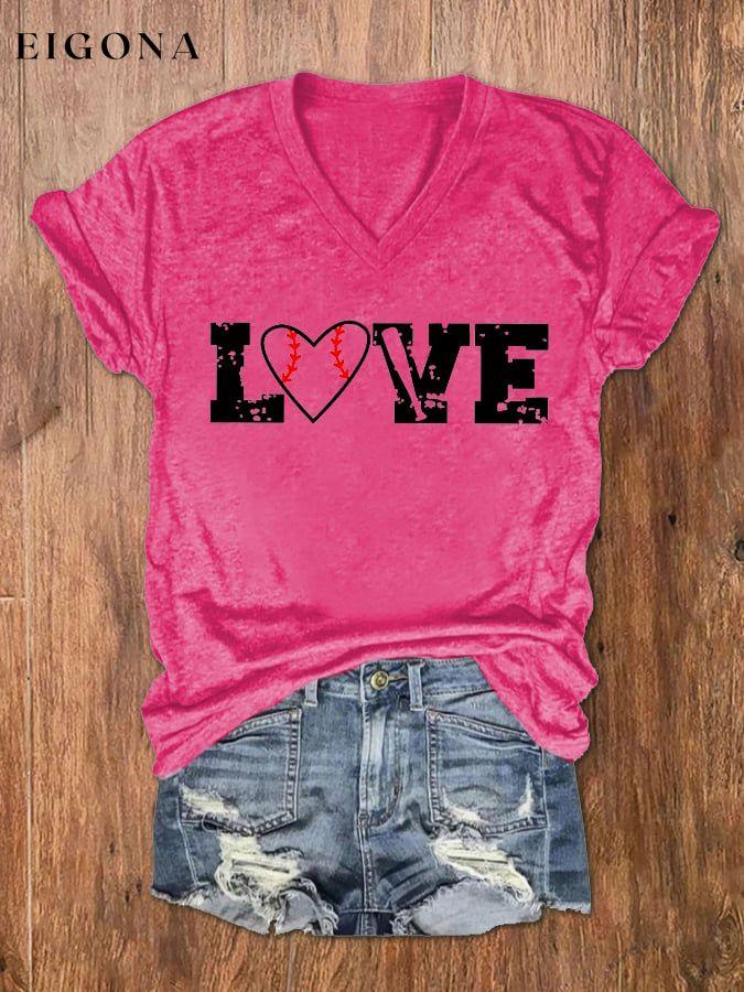 Women's Love Baseball Print V-Neck T-Shirt ball print