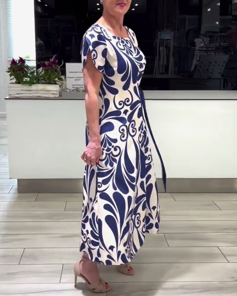 Elegant contrast print short sleeve dress 202466 casual dresses summer