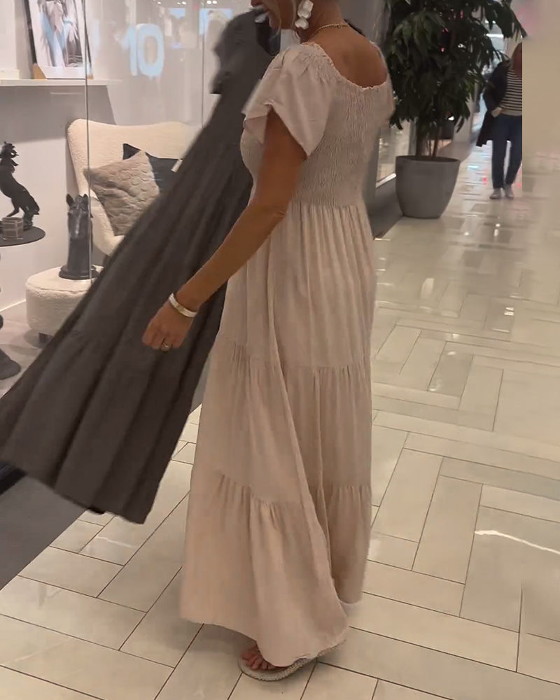 Solid color square neck ruffled sleeves pleated dress 202466 casual dresses summer