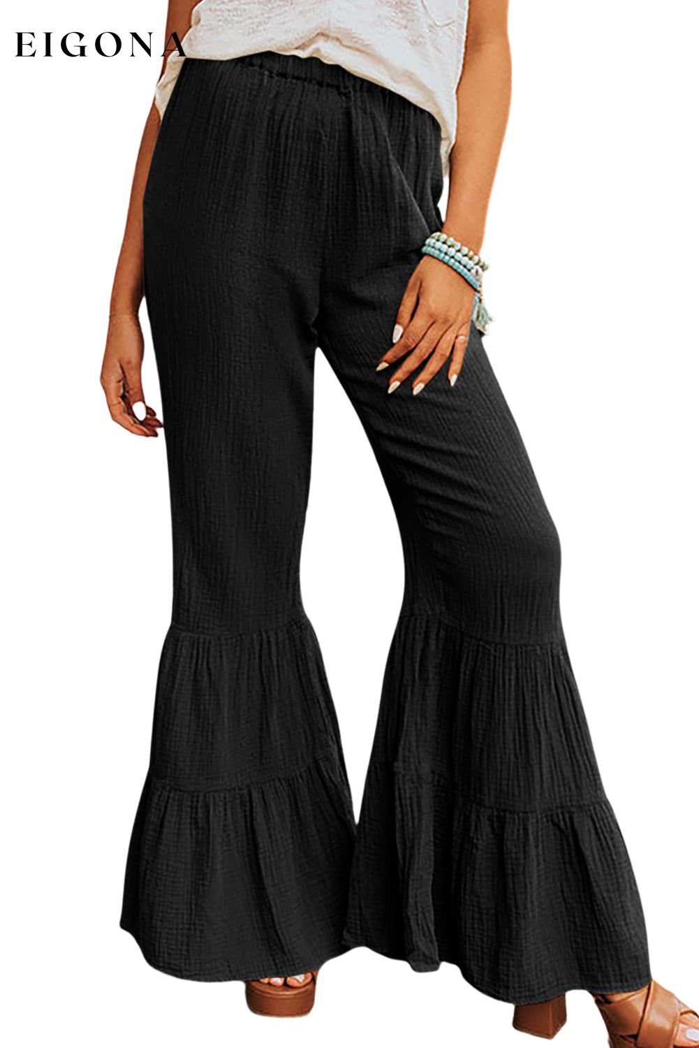Black Textured High Waist Ruffled Bell Bottom Pants All In Stock bottoms clothes Fabric Linen Occasion Daily pants Print Solid Color ruffles bell pants Season Spring Silhouette Flare Style Western