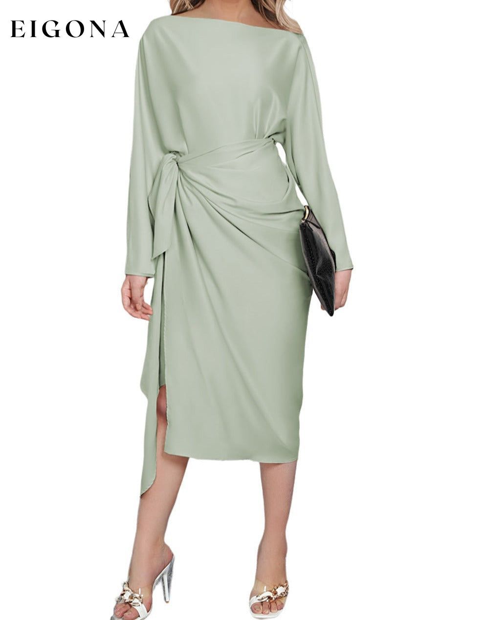 Green Satin Wrap Tie Side Boat Neck Long Sleeve Dress clothes Day Valentine's Day dress dresses Fabric Satin formal dress formal dresses midi dress midi dresses Occasion Daily Occasion Wedding Print Solid Color Season Four Seasons Style Elegant