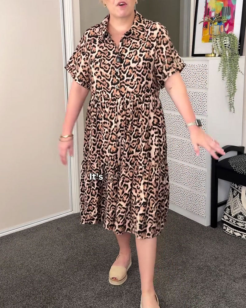 A-Line Leopard Print Collared Dress