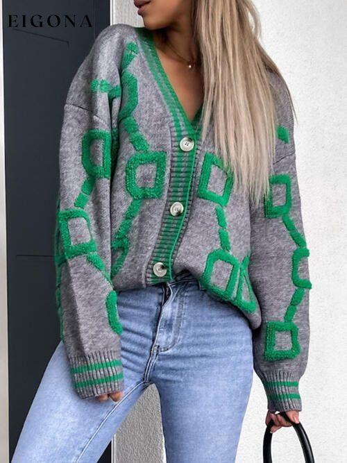 Geometric Dropped Shoulder Button Down Sweater Cardigan cardigan cardigans clothes S.X Ship From Overseas sweater sweaters