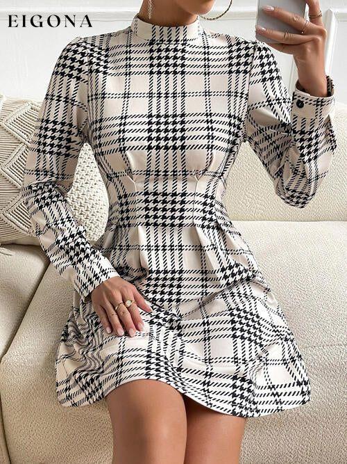 Houndstooth Mock Neck Cinched Casual Long Sleeve Mini Dress casual dresses clothes dress dresses DY long sleeve dress long sleeve dresses Ship From Overseas
