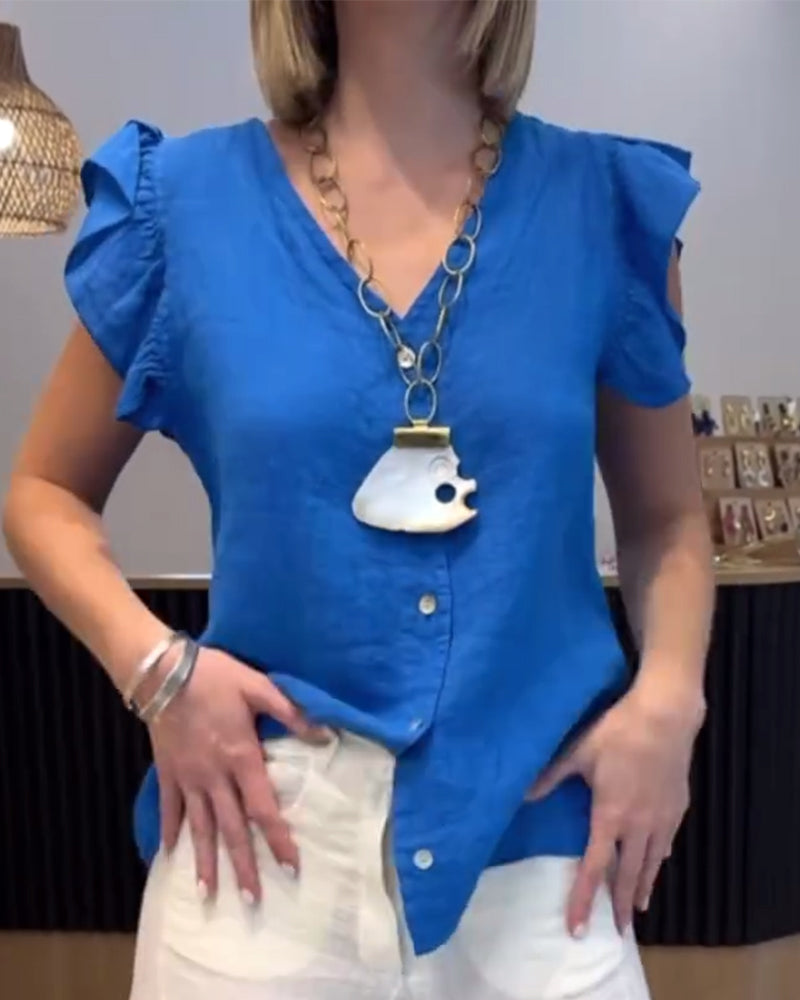 V-Neck French Ruffle Sleeveless Blouse