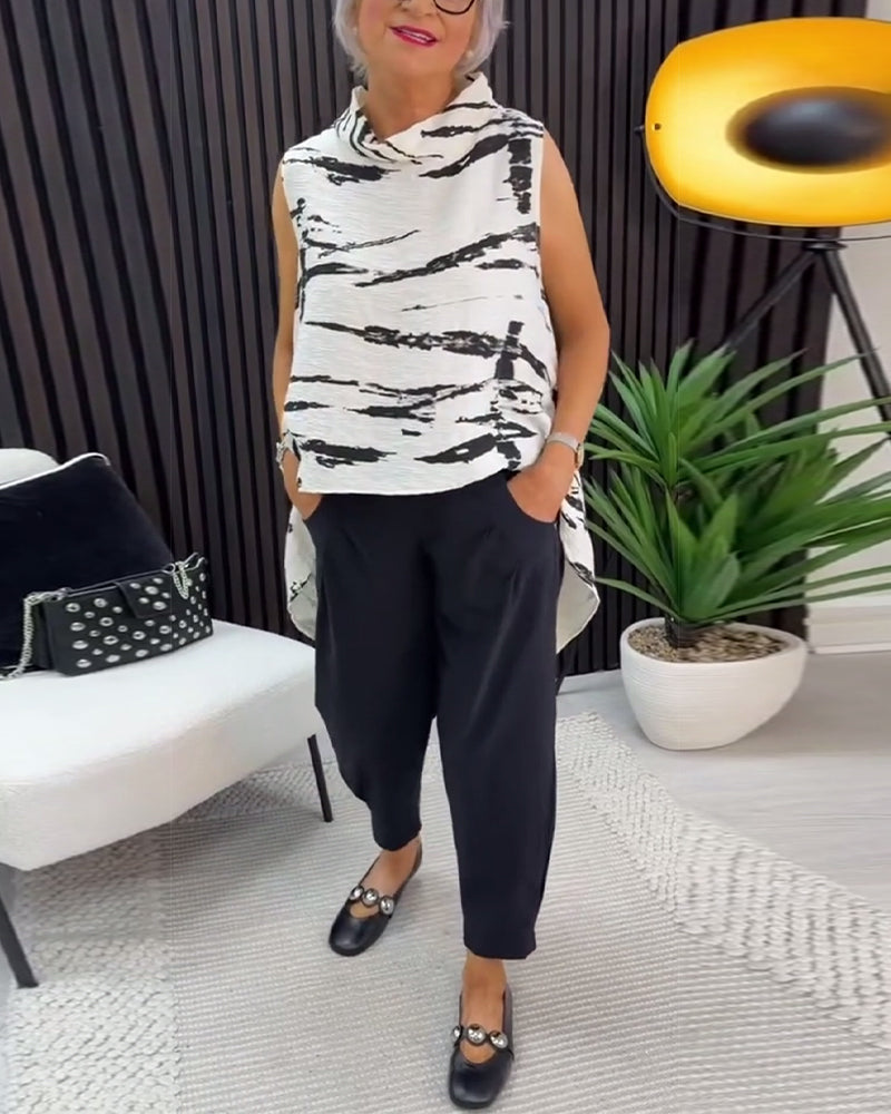 Ink Wash Painting Print Mandarin Collar Sleeveless Blouse