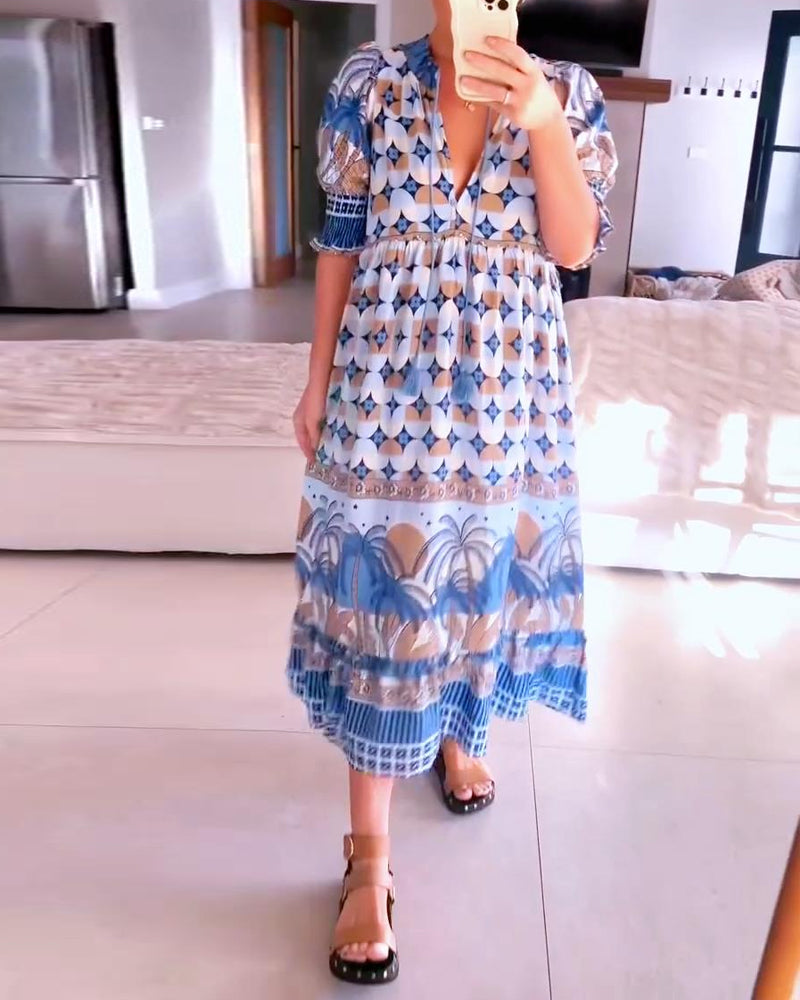 V-neck half-sleeve printed holiday dress 202466 summer vacation dresses