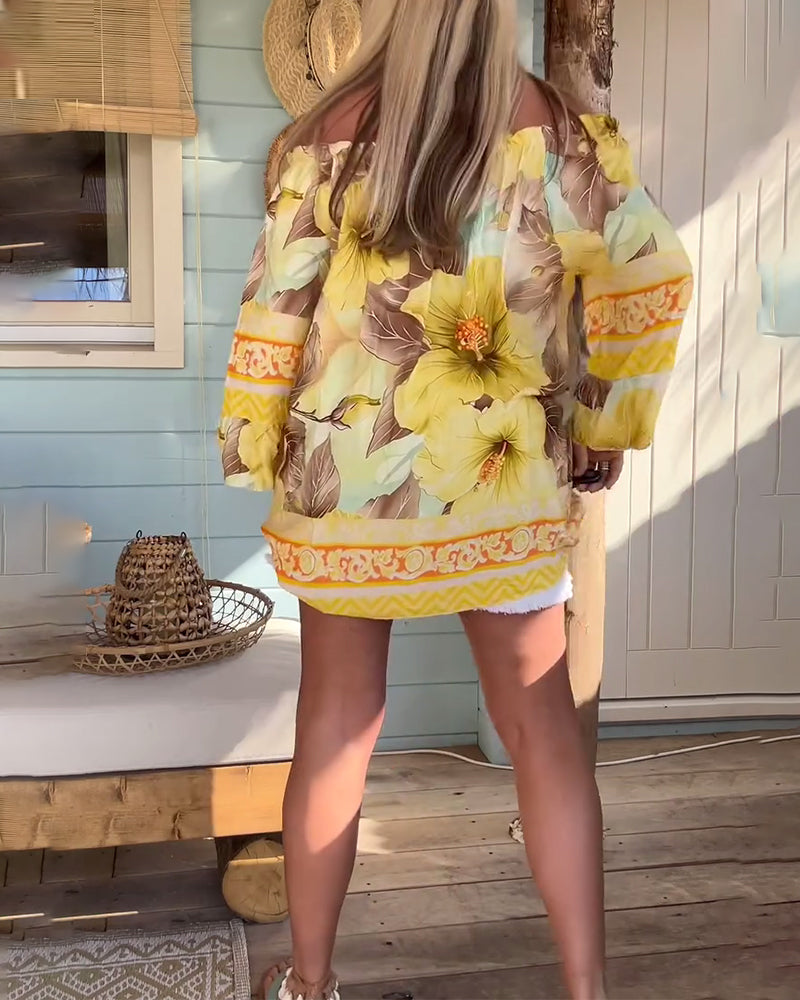 Schulterfreie Bluse mit Resort-Print