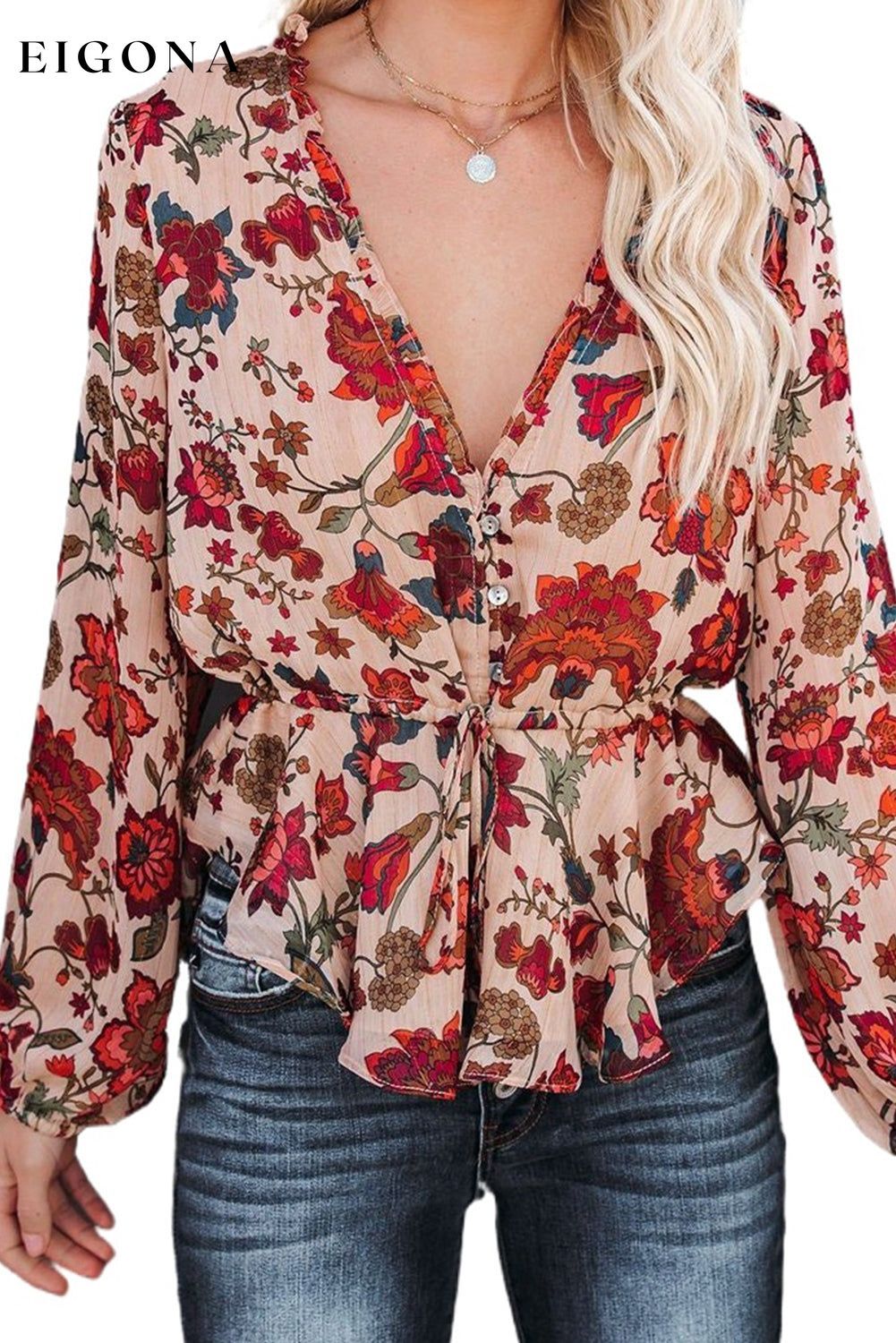 Multicolour Floral Frilled V Neck Drawstring Peplum Blouse clothes long sleeve shirt long sleeve shirts long sleeve top long sleeve tops shirt shirts top tops