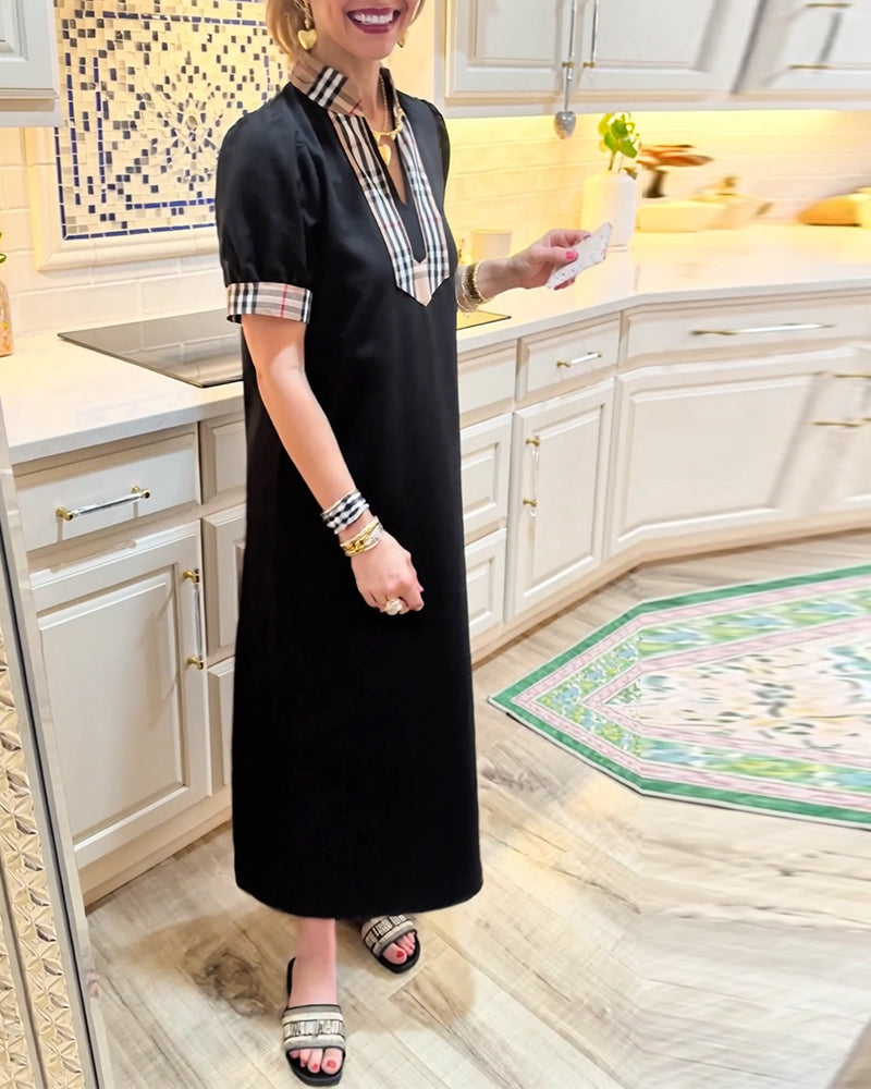 Puff Sleeve Plaid Contrast Dress