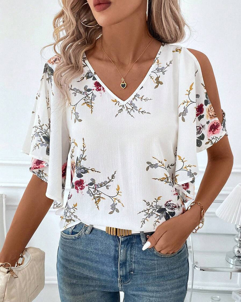 Blusa stampata con scollo a V e spalle scoperte