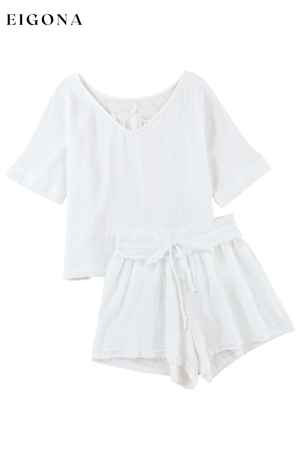 White Relaxed V Neck Blouse and Drawstring Raw Hem Shorts Set 2 pieces All In Stock clothes DL Exclusive Fabric Linen Occasion Vacation Print Solid Color Season Summer set short set Style Casual