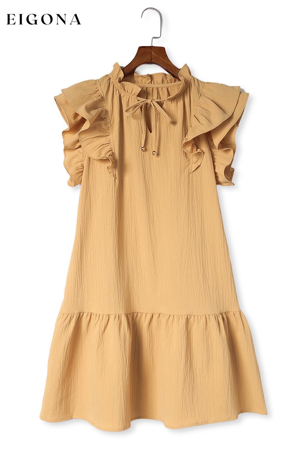 Khaki Tiered Ruffled Sleeves Mini Dress with Pockets clothes Detail Ruffle Fabric Linen Occasion Daily Print Solid Color Season Summer Style Southern Belle