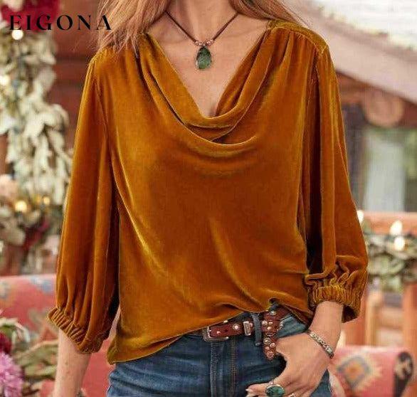 Women's gold velvet three-quarter sleeve elegant plunging collar top, Womens Shirts Orange clothes long sleeve shirt long sleeve shirts long sleeve top long sleeve tops shirt shirts top tops