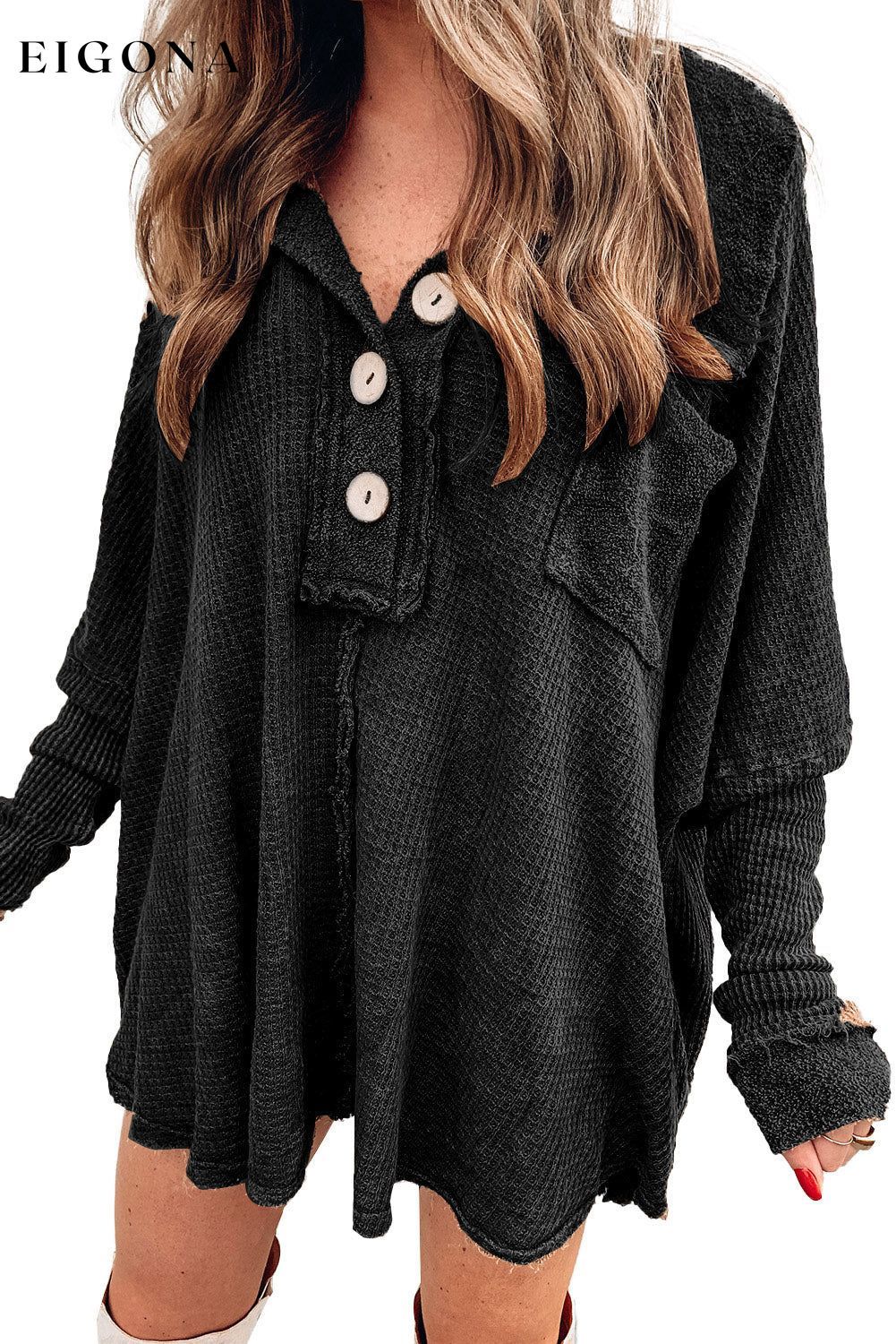 Black Waffle Knit Buttoned Long Sleeve Top Best Sellers clothes Fabric Waffle Knit long sleeve shirts long sleeve top Occasion Daily Print Solid Color Season Fall & Autumn Style Casual